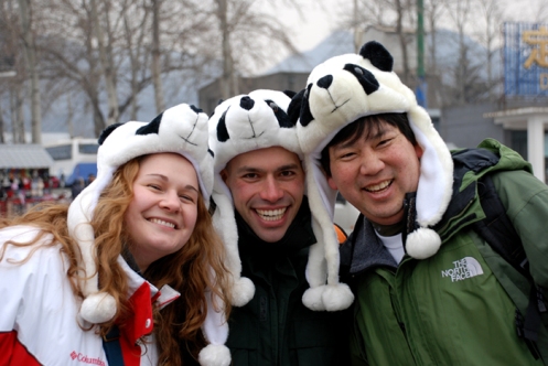 Laura Dover, Bob Chen and I all got panda hats at the Ming Tomb on our first full day in Beijing.  Credit: Lundie Spence.
